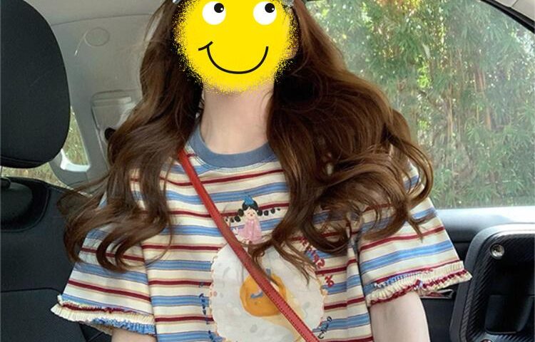 Pure cotton personality design short-sleeved round neck T-shirt women’s niche overseas student top · M red and blue stripes