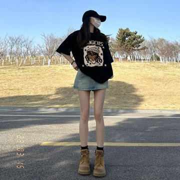 纯棉短袖t恤女美式韩版宽松休闲时尚百搭上衣ins · 黑色 M