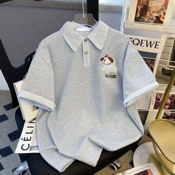 美式复古小狗刺绣假两件短袖夏季学院风宽松拼接POLO衫上衣ins · 灰色 M