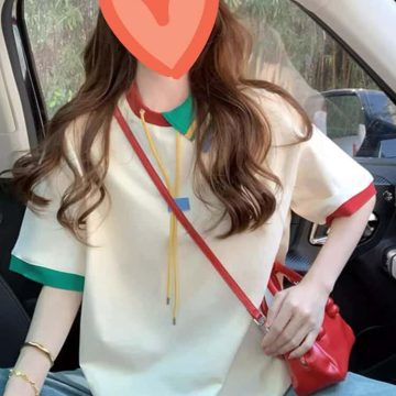 撞色polo领拼接短袖t恤女2025新款夏季美式学院风宽松休闲上衣潮 · 米白色 M