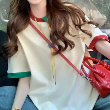 撞色polo领拼接短袖t恤女2025新款夏季美式学院风宽松休闲上衣潮 · 米白色 M